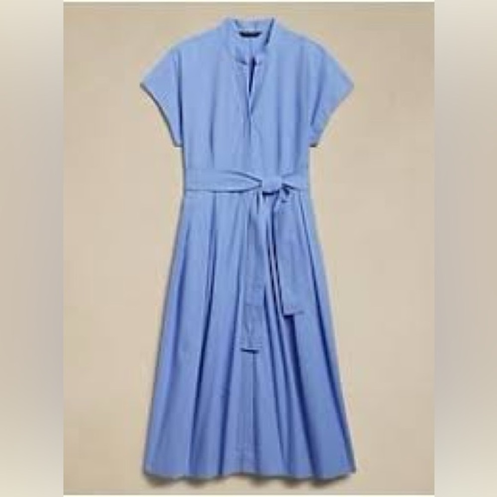 Banana Republic Poplin Short Sleeve Tie Waist Shirt Blue Work Midi Dress - Picture 4 of 9